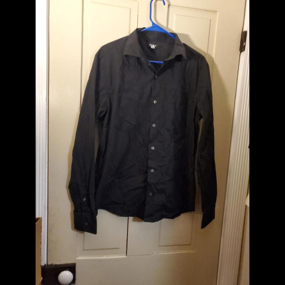 DKNY Button Down Shirt Men's Large Solid GRAY Slim Fit
